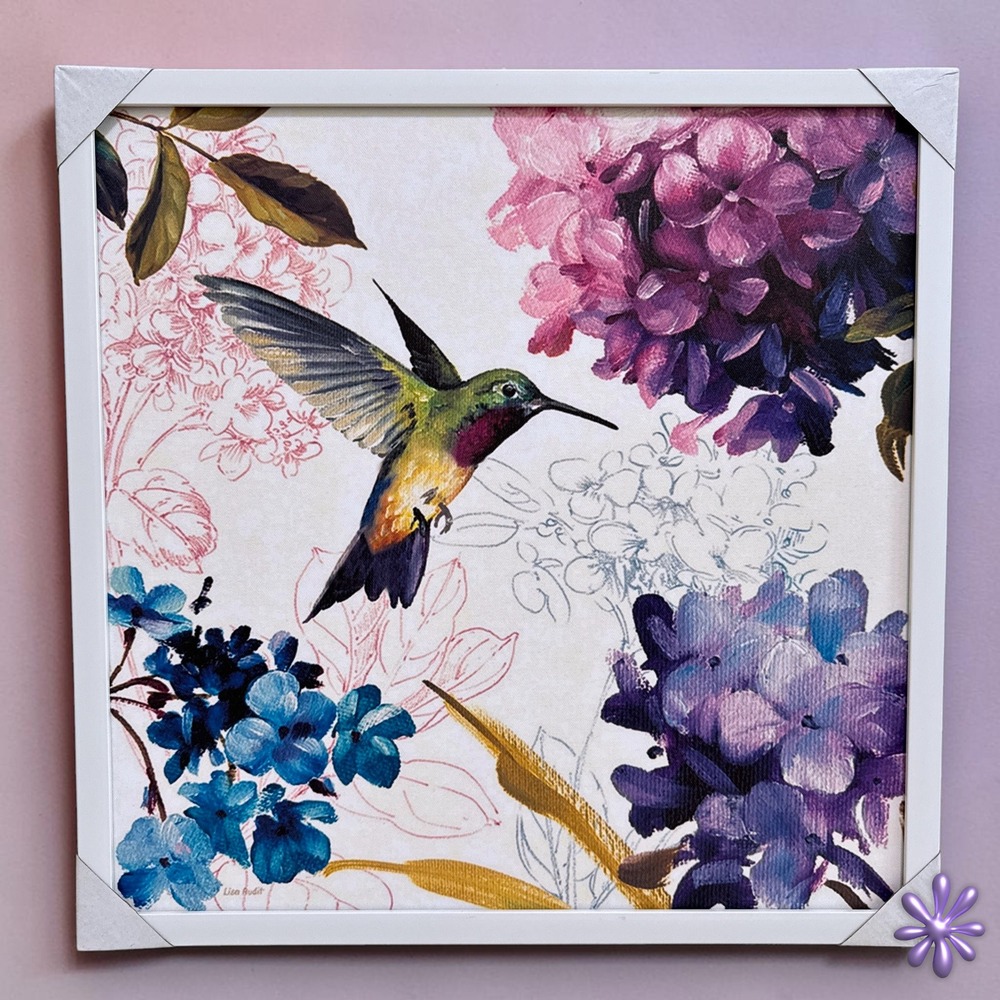 LISA AUDIT "Spring‎ Nectar Square II" Hummingbird Floral Canvas Art 18x18 Framed